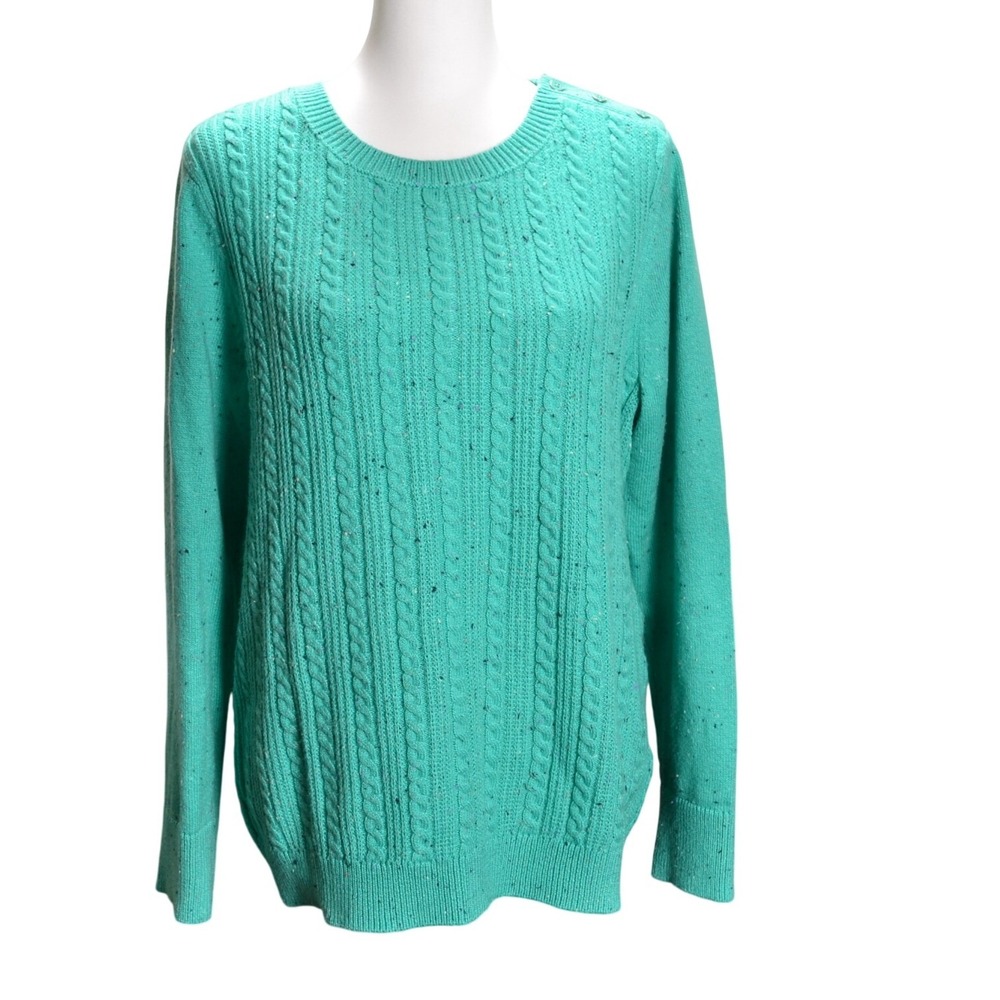Talbots Womens Sweater Teal Green Cable Knit Button Shoulder Pullover L Preppy
